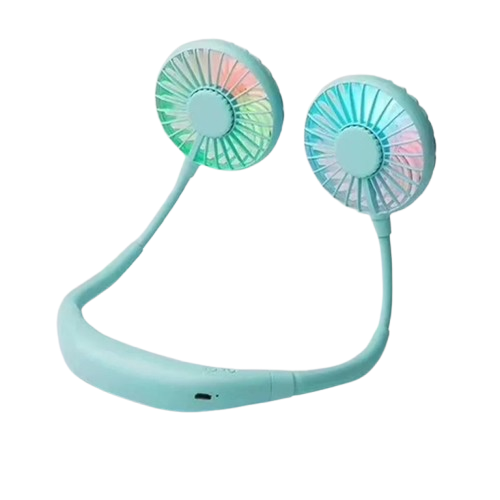 Lazy Portable Silent Neck Fan – Wearable Rechargeable Dual Fan with LED Light & 3-Speed Control (Random Color)